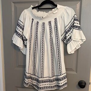 White Embroidered Peasant Top with Navy Detailing. Impeccable Pig